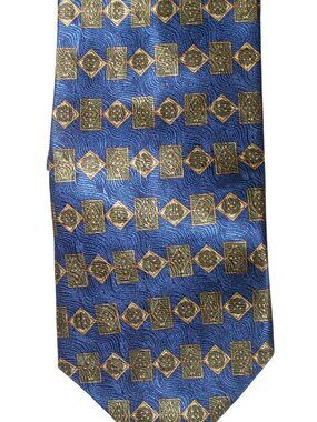 Tie Blue Gold Geometric Shape Row Savile Row Silk Made USA   58 " L   3 3/4 " W